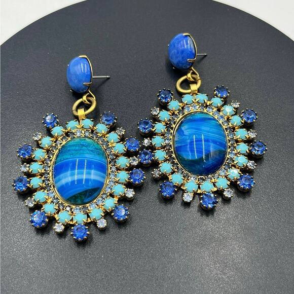 Elizabeth Cole Maven Blue Turquoise Large Oval Austrian Crystal Dangle Earrings - Picture 1 of 10